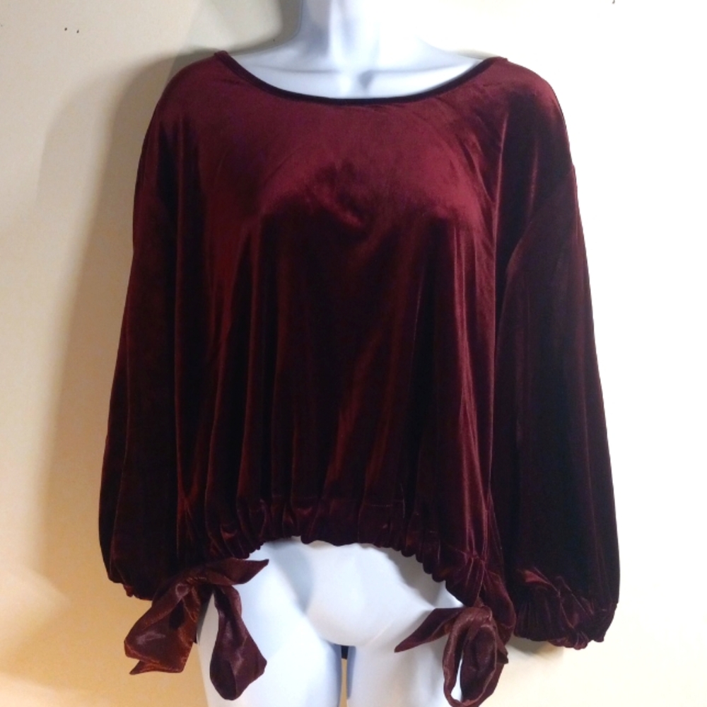 Velour Dark Red sleeved Goth/Romantic Band of Gypsies Top Bow tie sash waist M